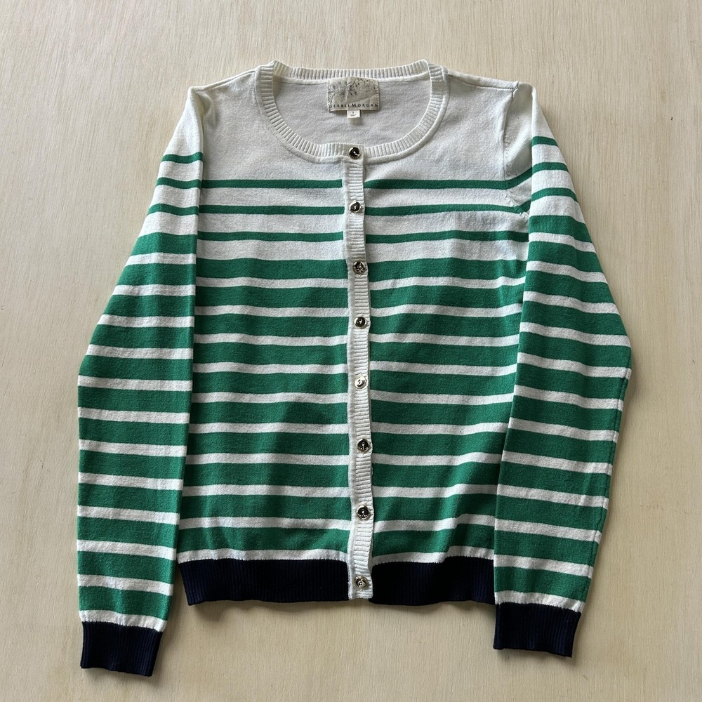 Debbie Morgan‎ Cardigan Sweater Womens Small Green White Striped Crew Neck Knit